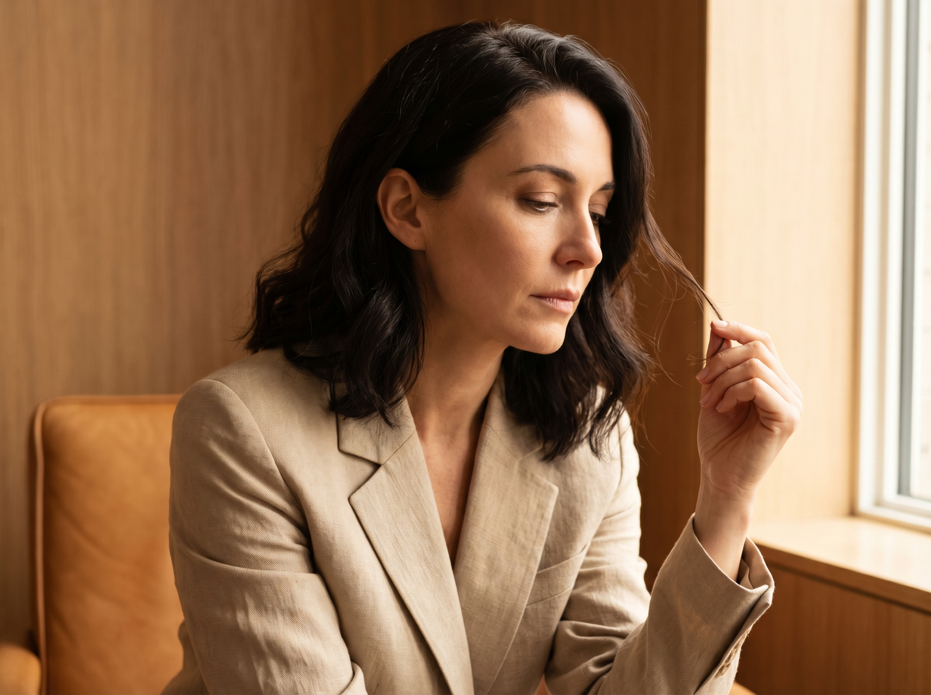 Mulher de blazer bege sentada perto de uma janela, olhando para baixo enquanto segura uma mecha de cabelo. 