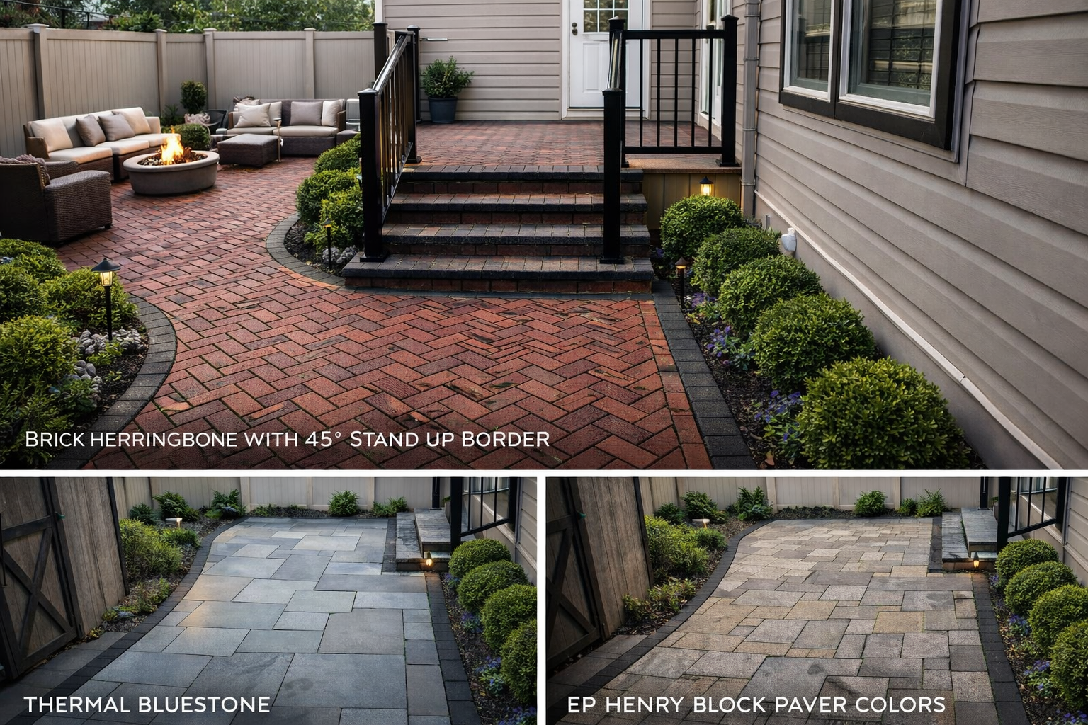 Backyard patio with steps and three paving options: brick pavers, limestone, and tumbled block colors.