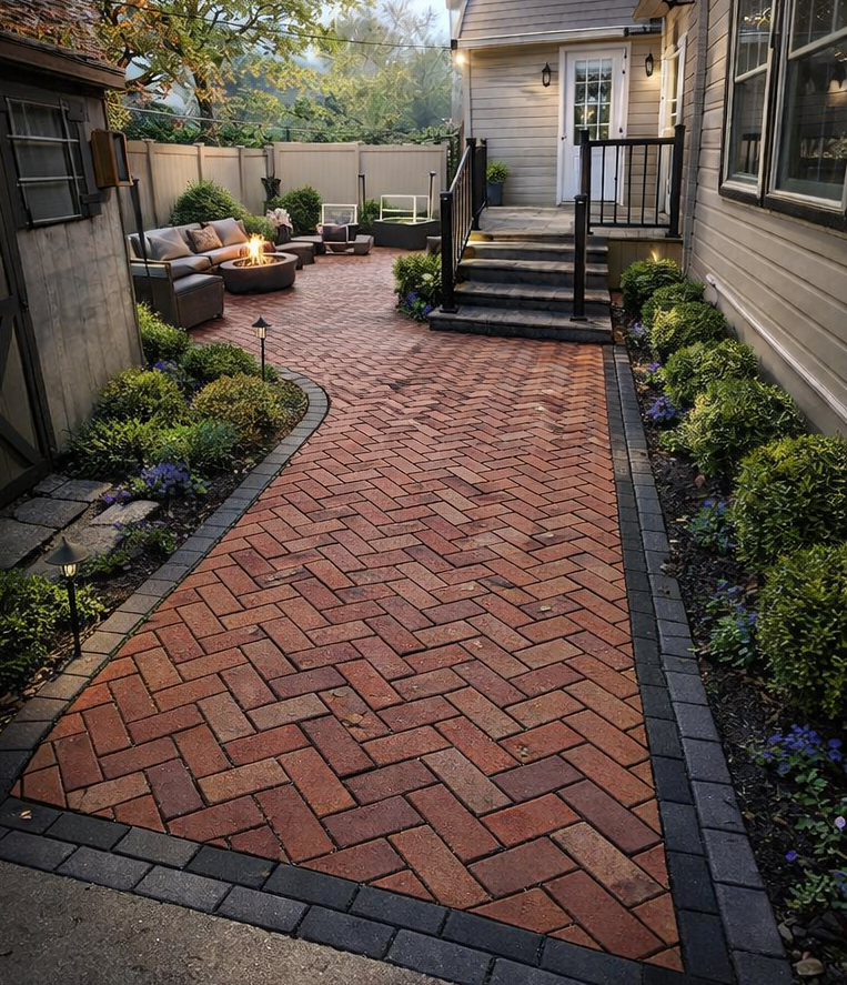 Brick-paved backyard patio with seating, potted plants, and steps leading to a house entrance