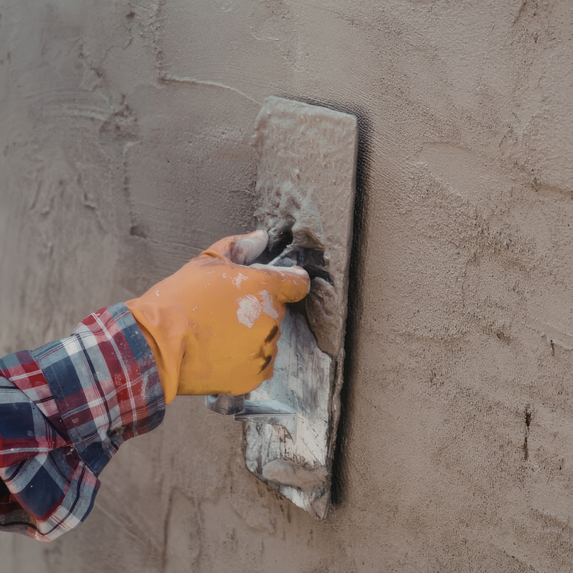Gloved hand smoothing wet plaster on a wall with a trowel