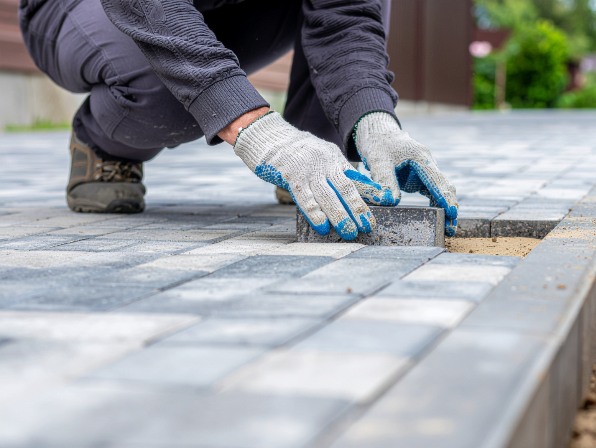Gloved hands placing a paving stone on a sidewalk during installation work