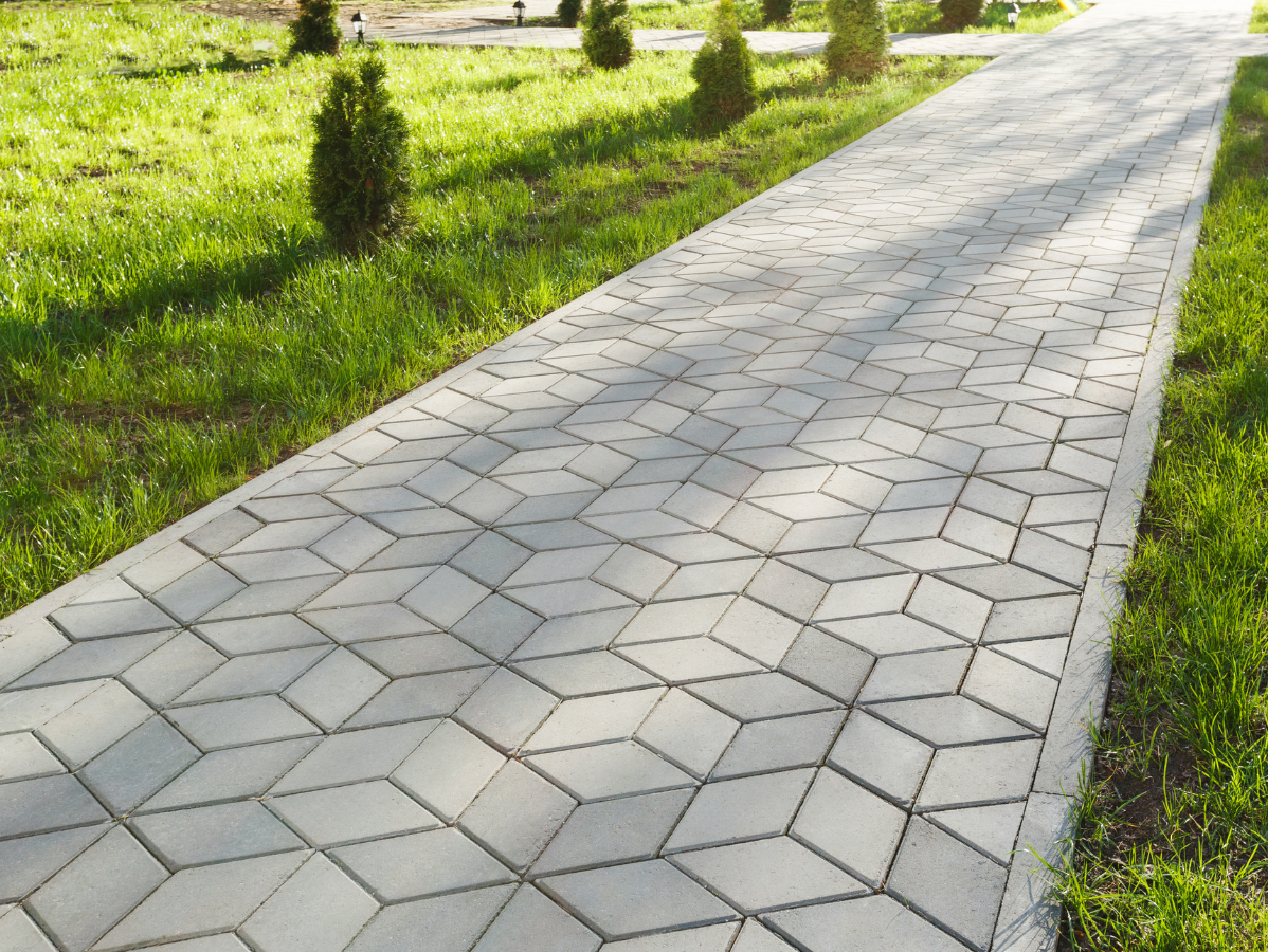 Stone walkway beside green grass and small shrubs in a sunny park