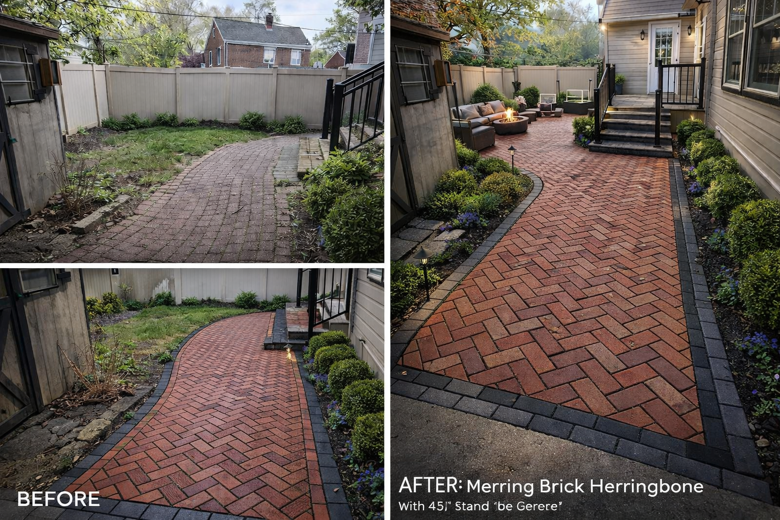 Backyard patio pavers before and after: dirt path replaced with red herringbone brick walkway.