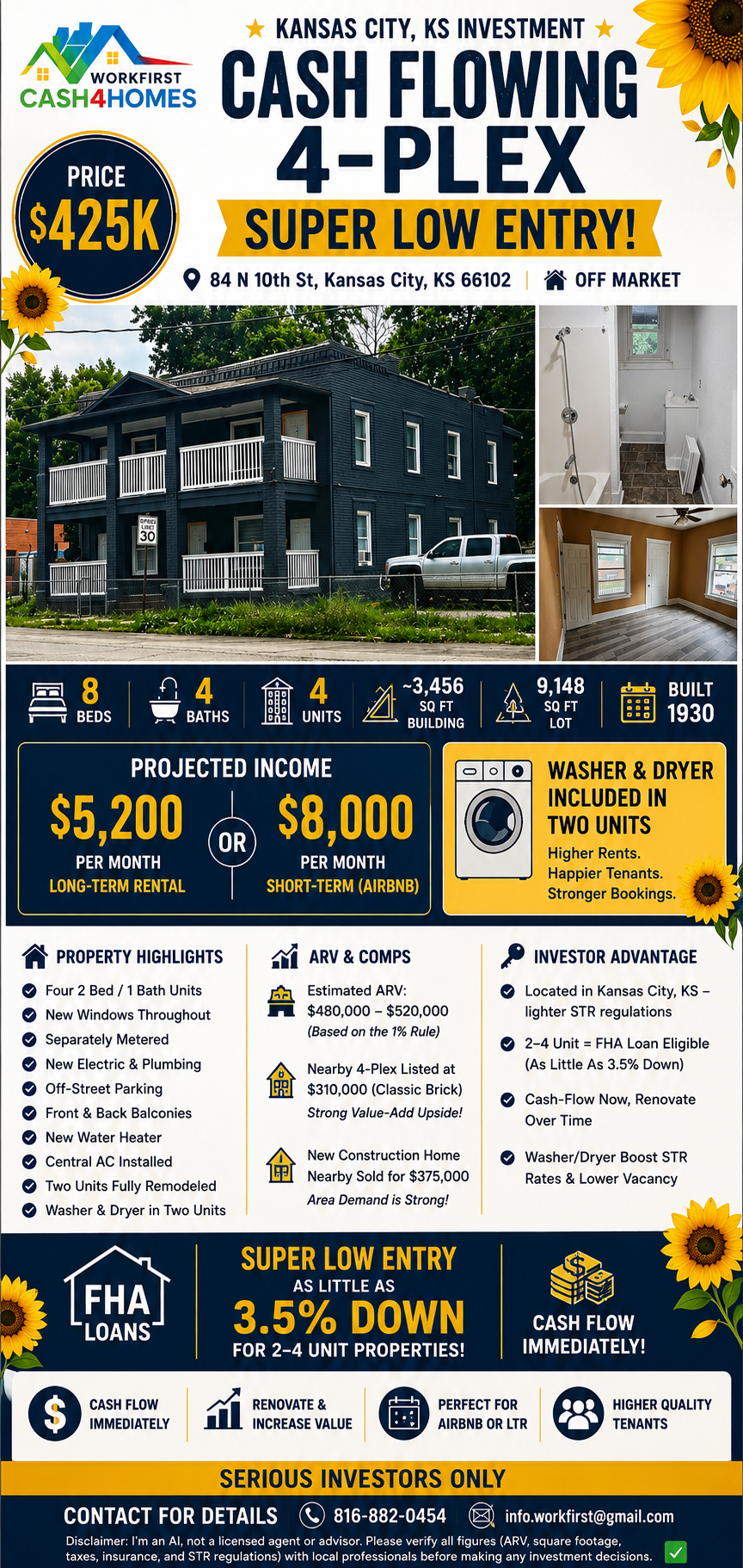 Real estate flyer for cash-flowing 4-plex, super low entry, with property photo and financing details