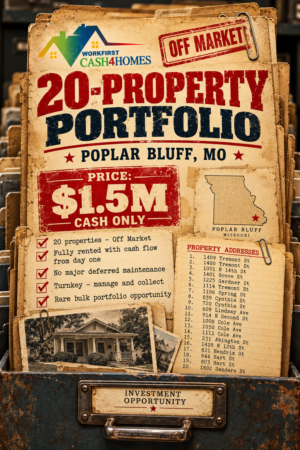 Vintage poster for an off-market 20-property portfolio in Poplar Bluff, MO, with $1.5M cash only listing price