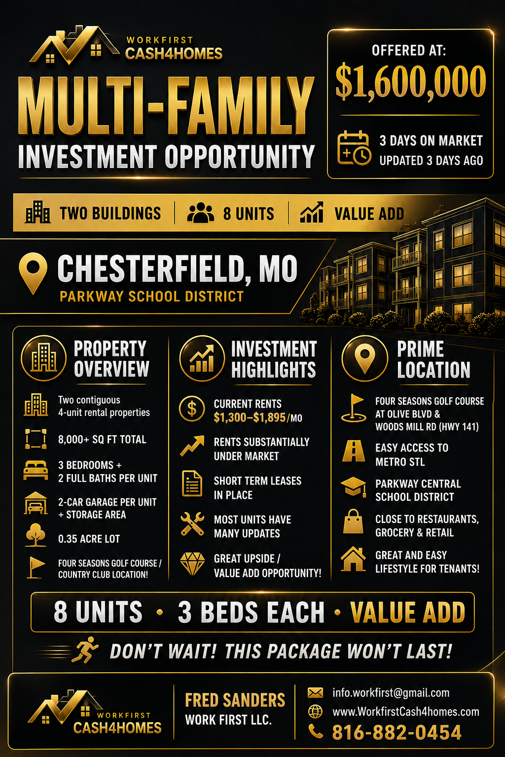 Black-and-gold flyer for a Chesterfield, MO multi-family investment opportunity, 8 units with value-add details