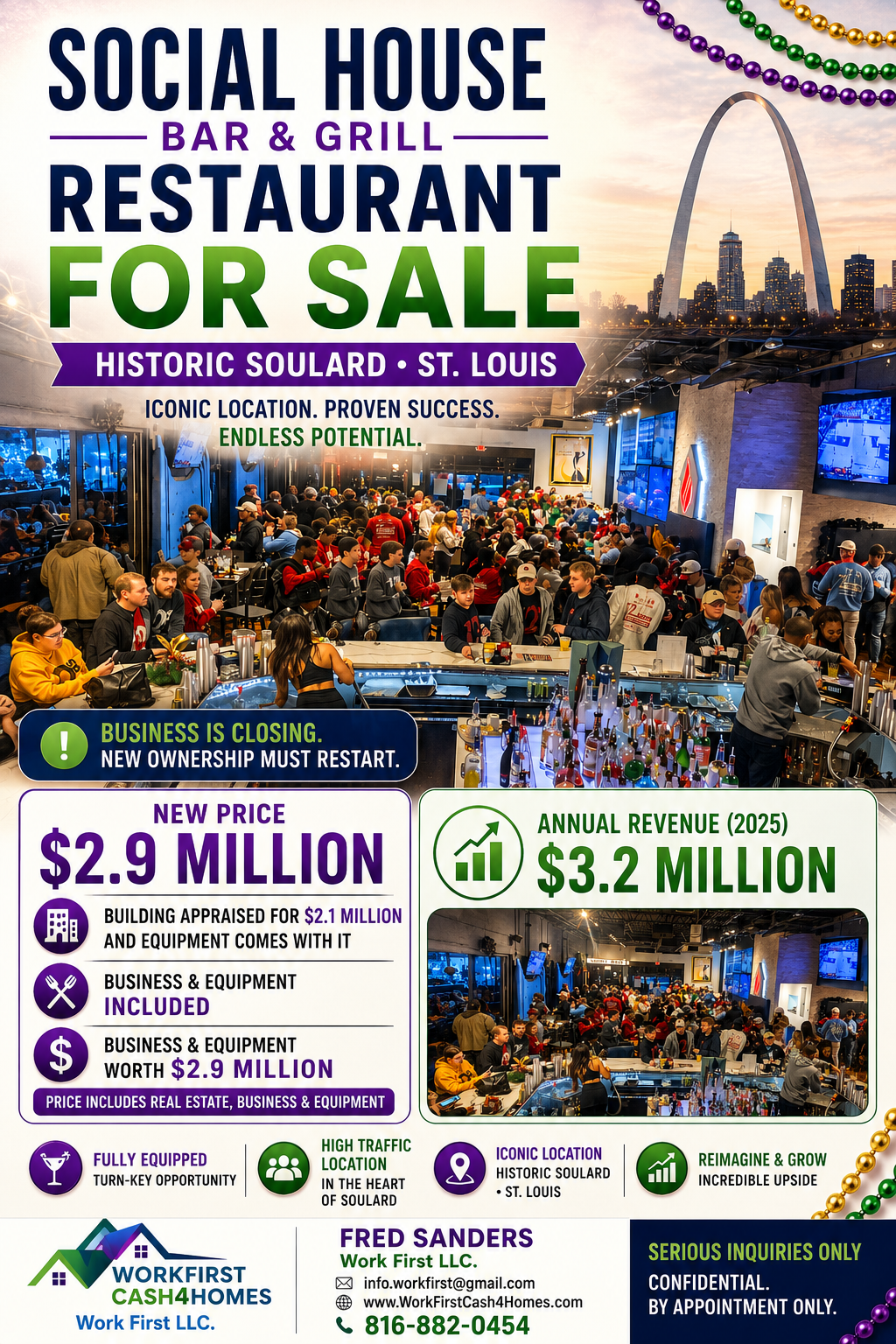 Social House Bar & Grill restaurant for sale poster with St. Louis skyline and crowd photos