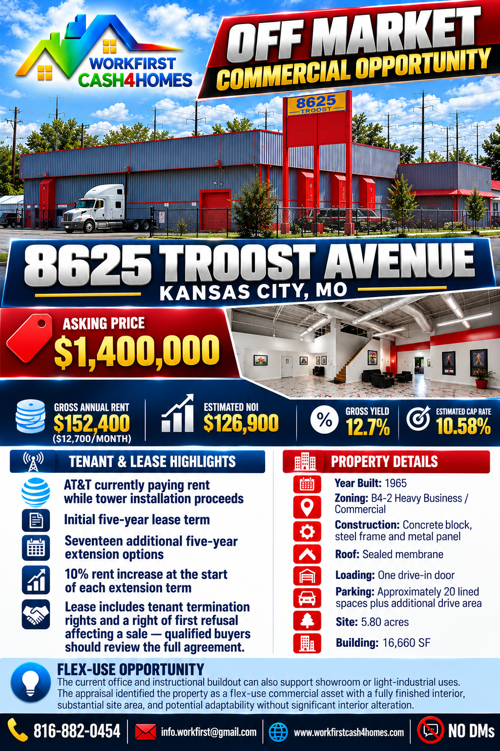 Real estate flyer for 8625 Troost Avenue, Kansas City, MO, with building photo and property details