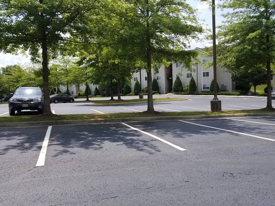 Empty asphalt parking lot with cars and trees, apartment building in background.