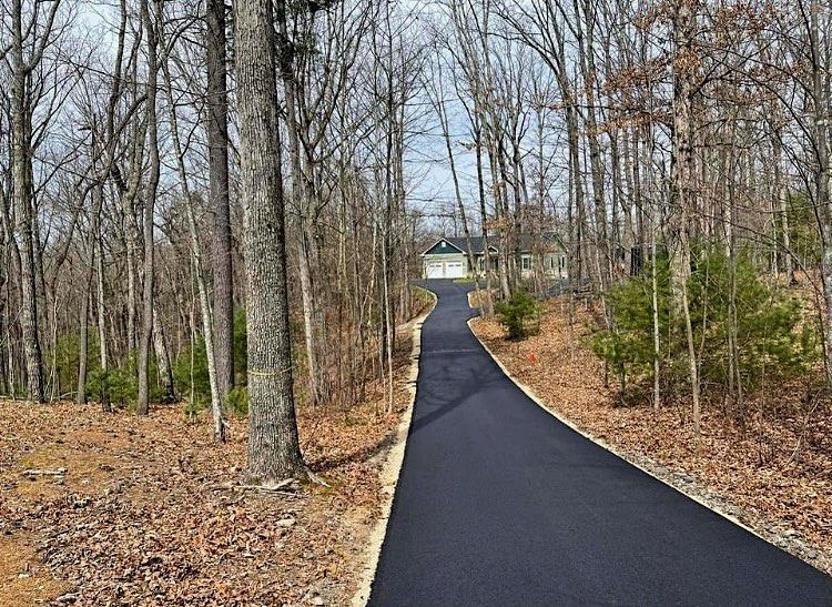 Paved driveway leads up to a house surrounded by trees with bare branches and fallen leaves.