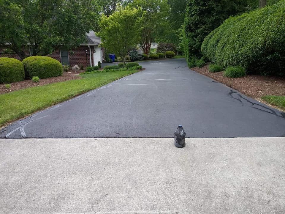 Asphalt driveway recently sealed, leading to a house with landscaping and concrete apron.