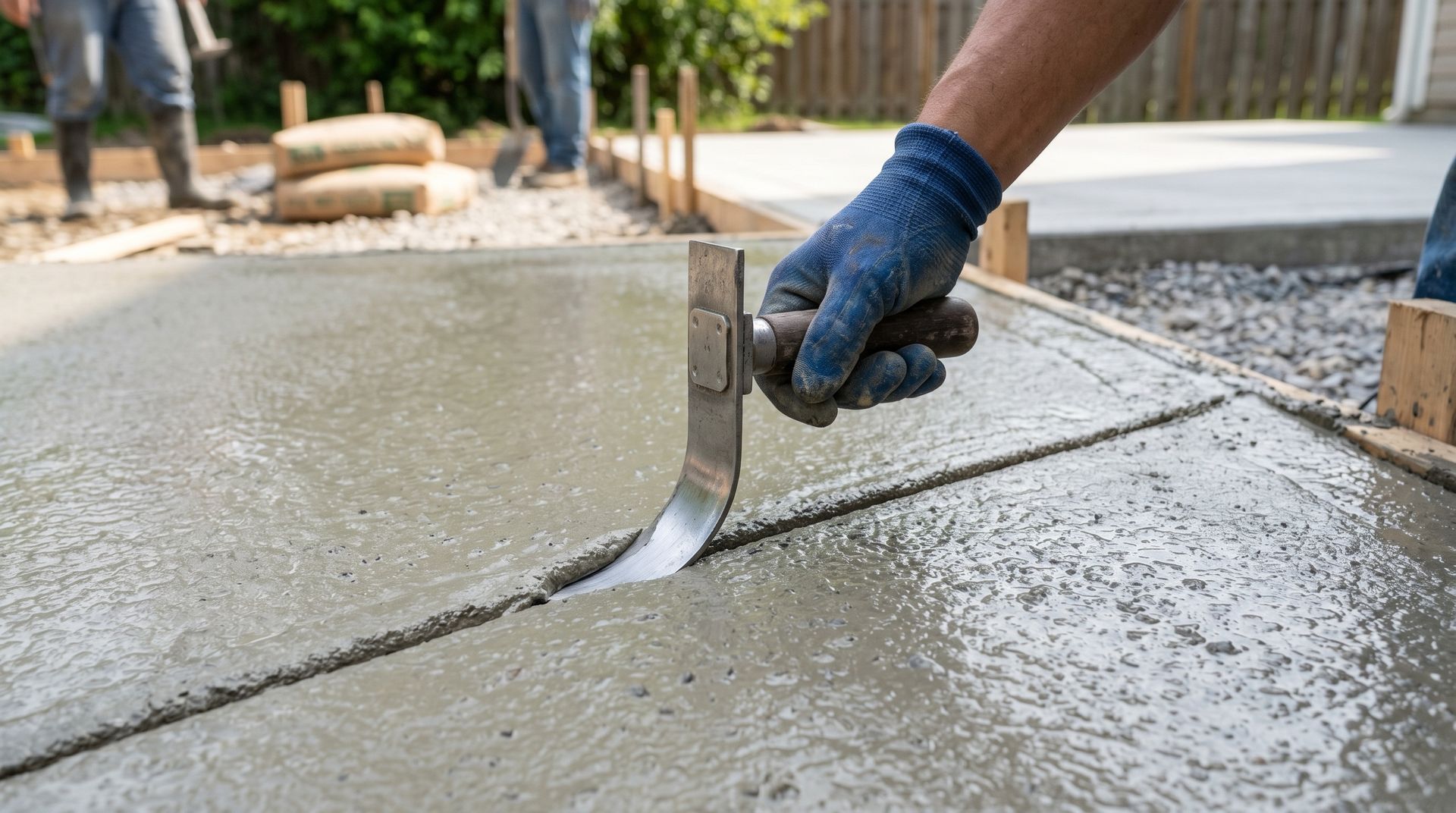 Gloved hand using a steel edging tool to groove a control joint into wet, freshly poured concrete.