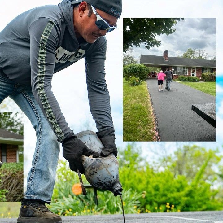 Man pouring sealant on a driveway; house and people walking shown in inset.