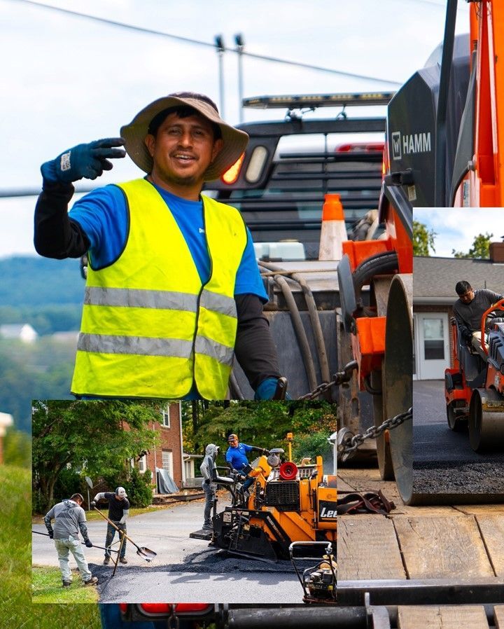 Road construction crew working with machinery and asphalt; man in vest gives peace sign.