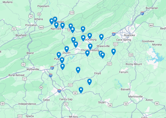Map of Virginia with numerous blue location pins concentrated in the western region, primarily around Roanoke and Blacksburg.