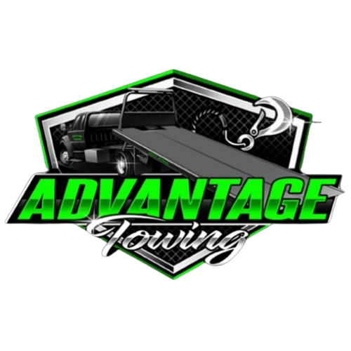 Advantage Towing logo with black tow truck and green accents on a white background