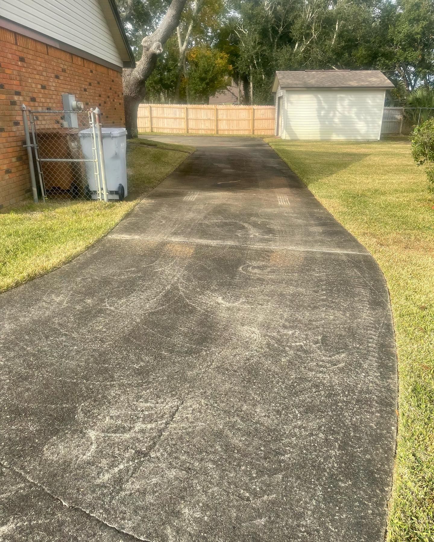 Asphalt driveway leading to a light-colored shed and wooden fence; green grass on either side.