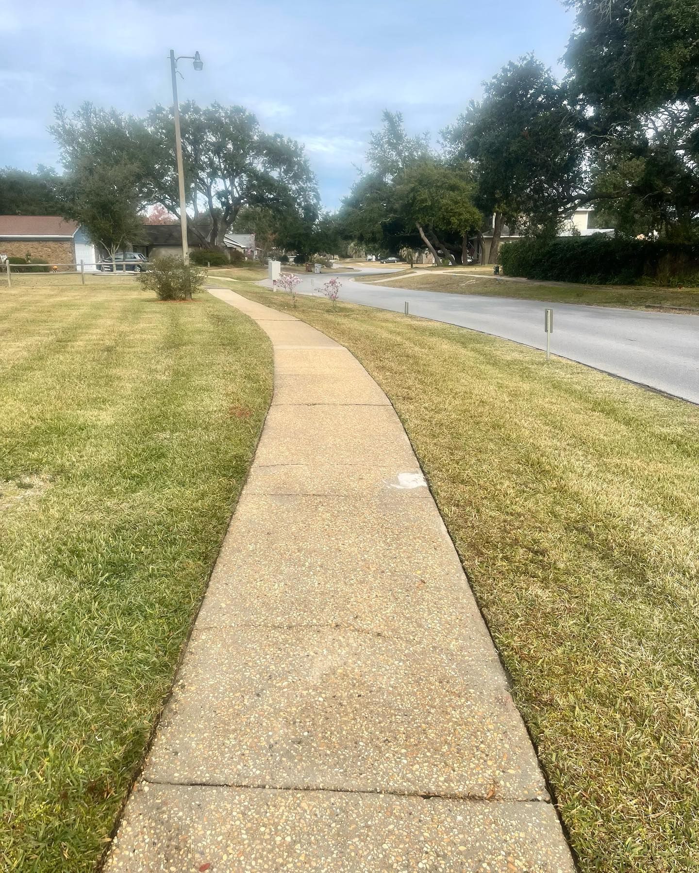 A concrete sidewalk curves along a grassy area, leading to a street under a cloudy sky.