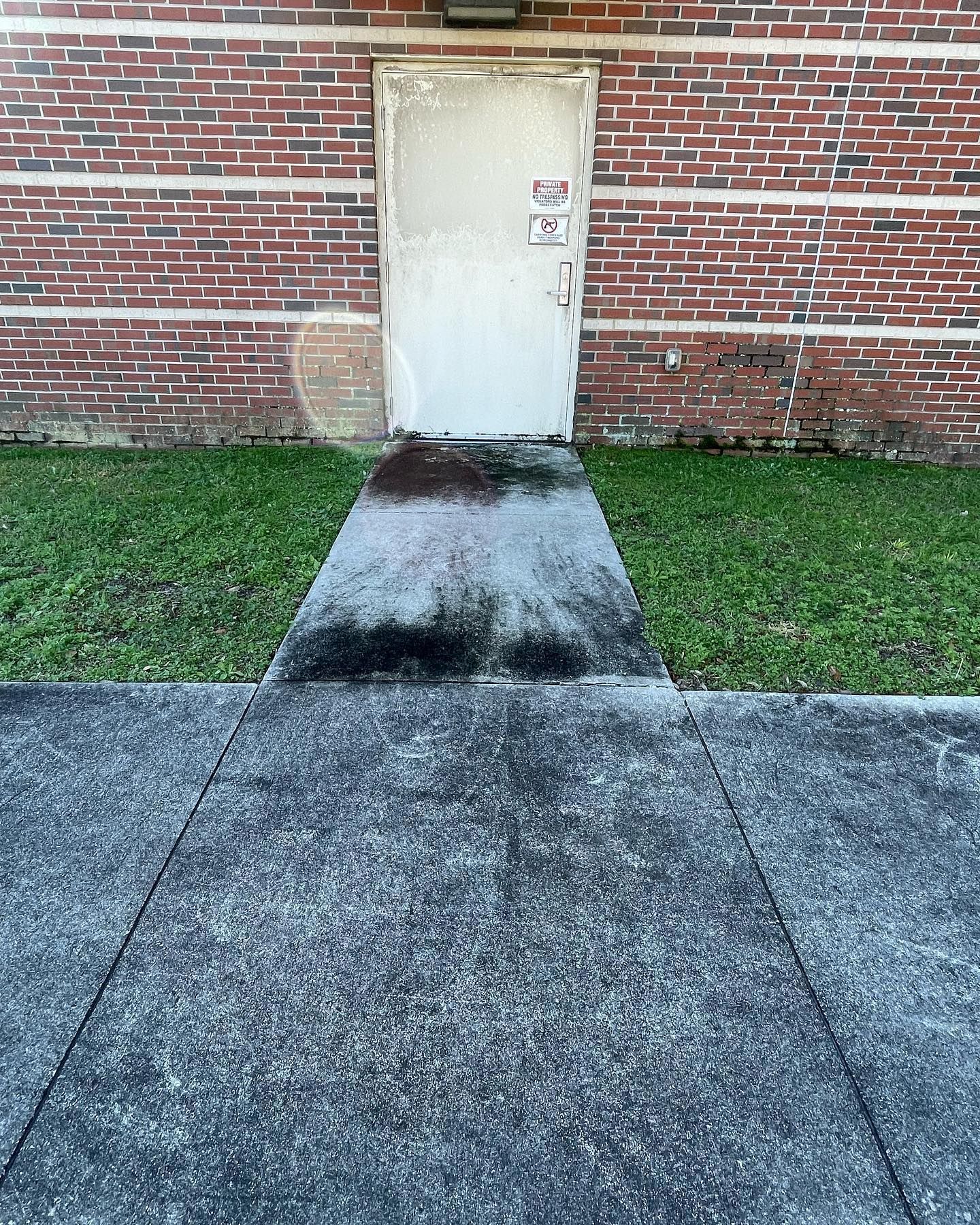 Concrete path leading to a white metal door set in a red brick wall; green grass borders the path.