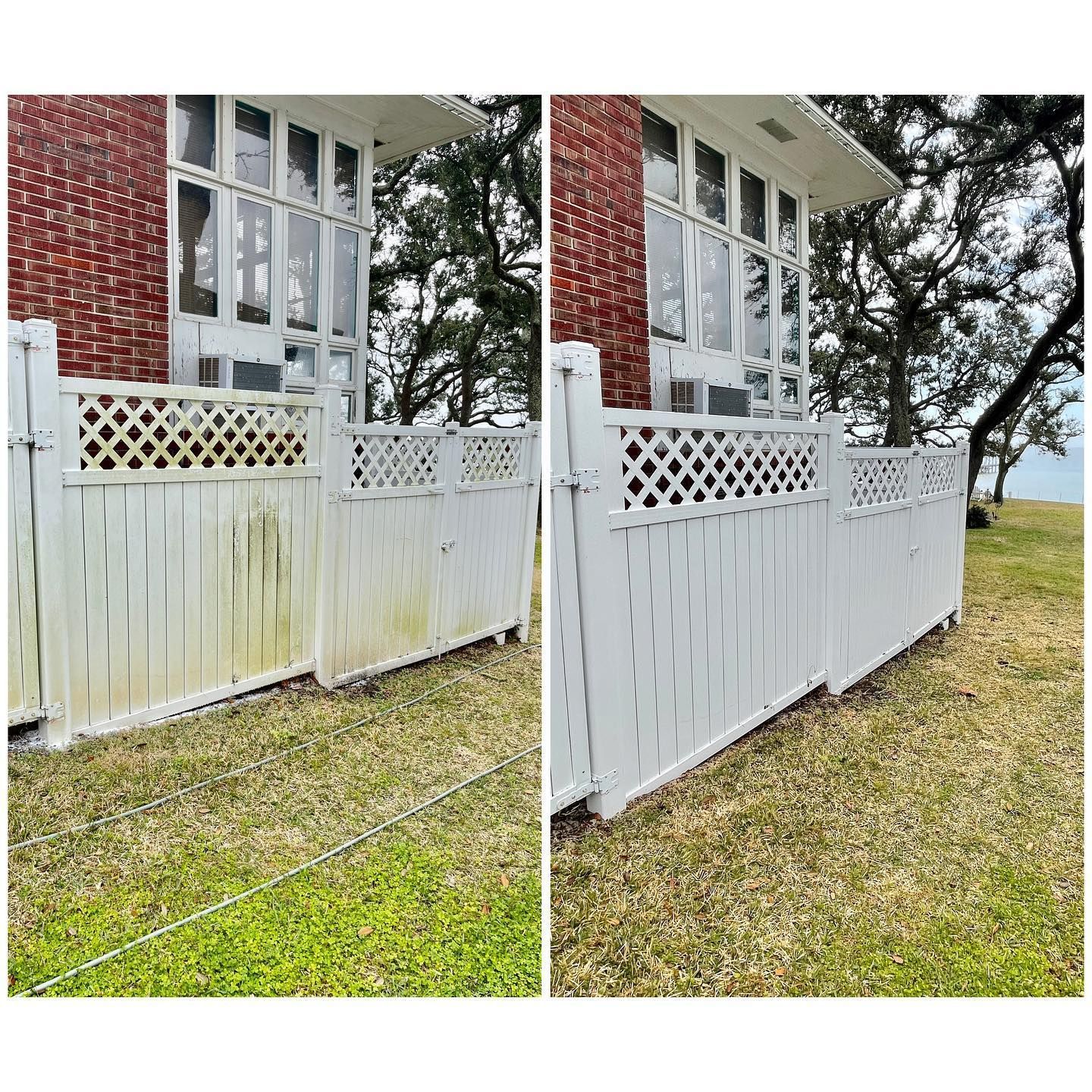 Comparison: Before and after power washing a white fence, removing green algae growth.