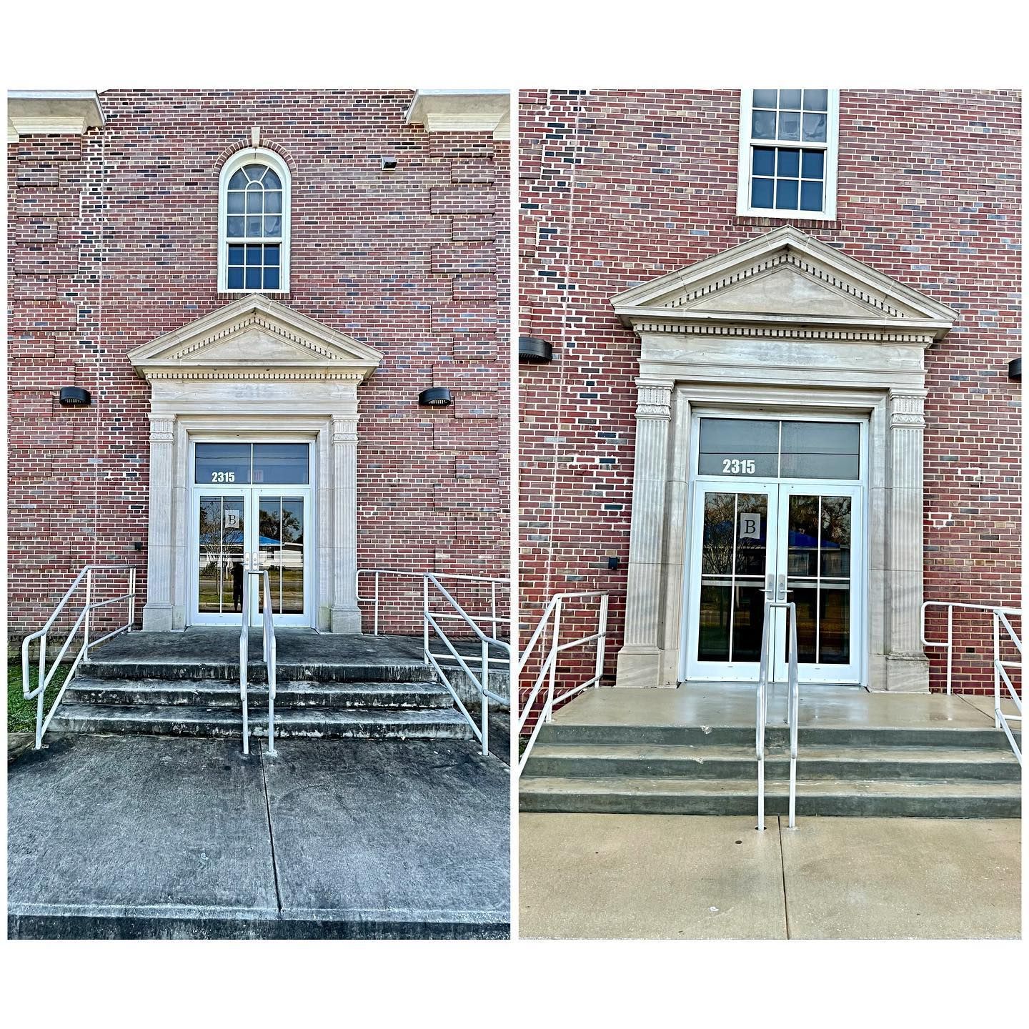 Two brick building entrances with white doors and steps. The left side has a curved window, and the right side has a square window above the door.