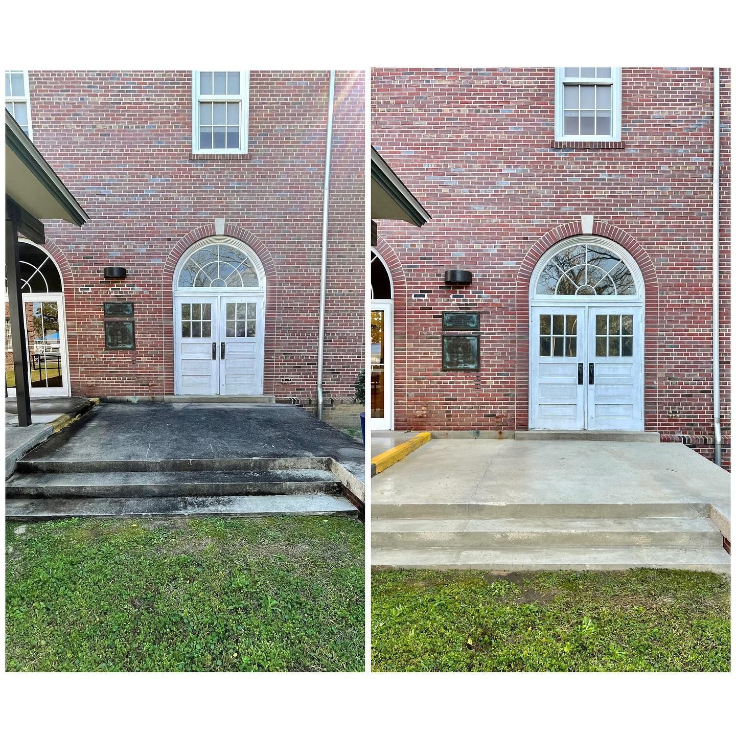 Before and after of a building's entrance; concrete cleaned. Light blue doors, brick walls, and steps.