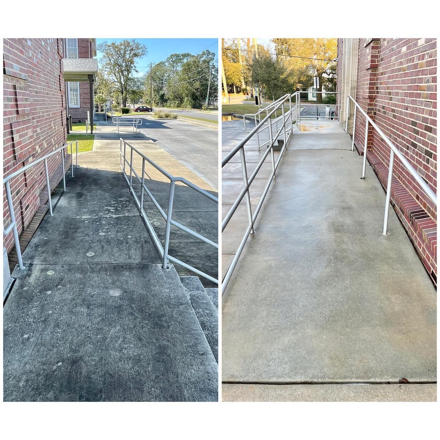 Before and after photos: concrete ramp with metal handrails, power washed to remove dirt and stains.