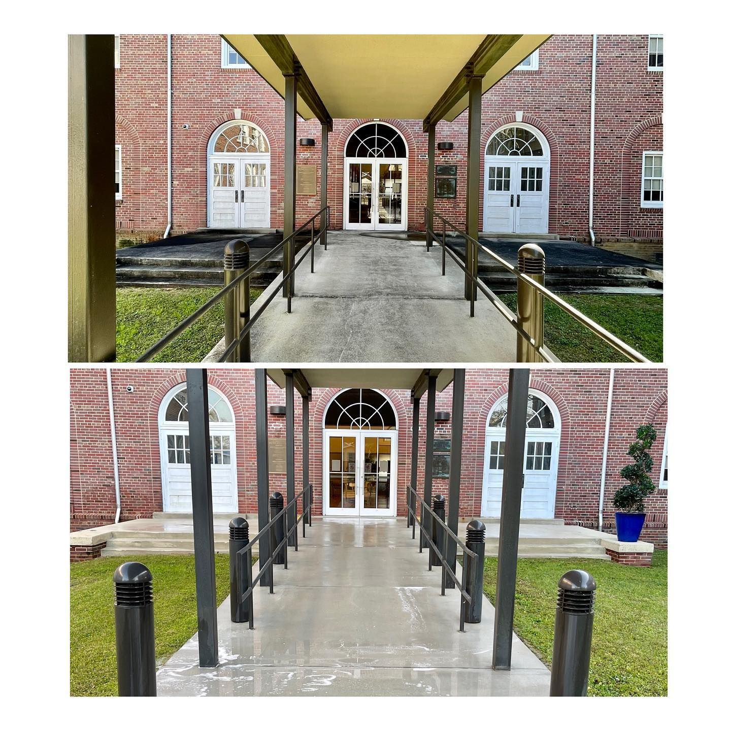 Before and after photos of a covered walkway leading to a building with red brick, white doors, and a concrete path.