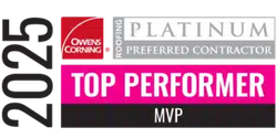 2025 Owens Corning Platinum Preferred Contractor Top Performer MVP badge, black, red, and silver