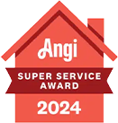 Angi Super Service Award 2024 badge in red and white, house-shaped logo