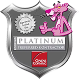 Platinum Preferred Contractor shield badge with pink panther mascot and Owens Corning logo