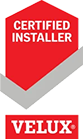 VELUX Certified Installer badge in red, white, and gray with shield design