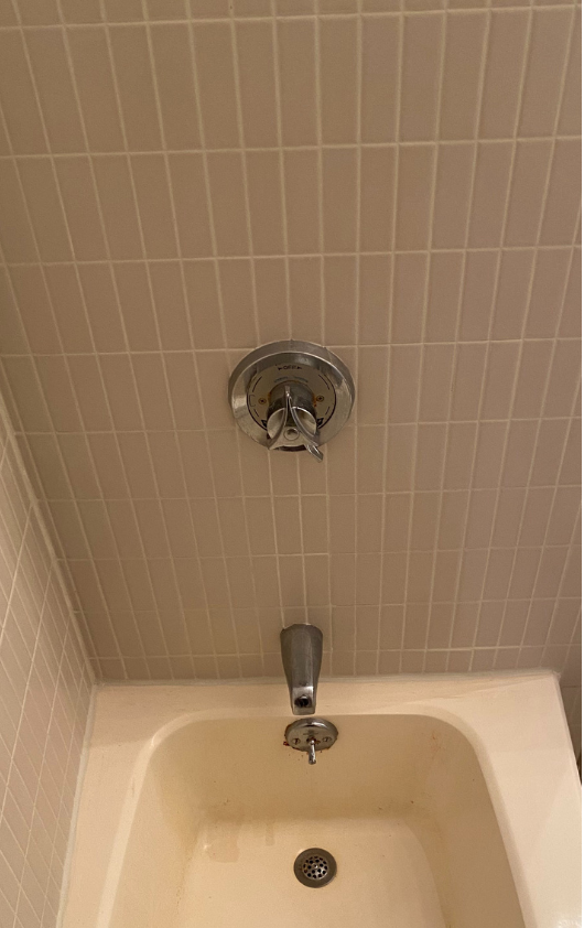 Shower stall with off-white tile walls, a bathtub, and showerhead fixtures.