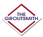 Logo for The Groutsmith, white diamond with red and blue text.