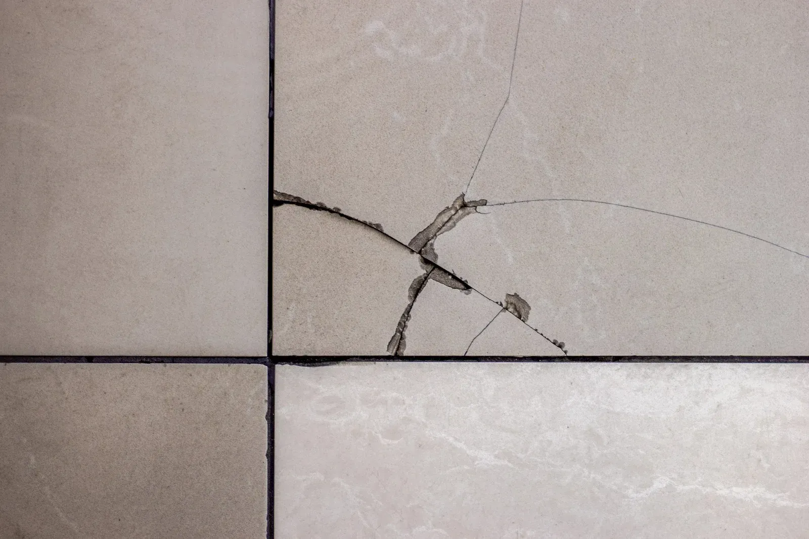 Cracked beige floor tile, intersecting with a black grout line.