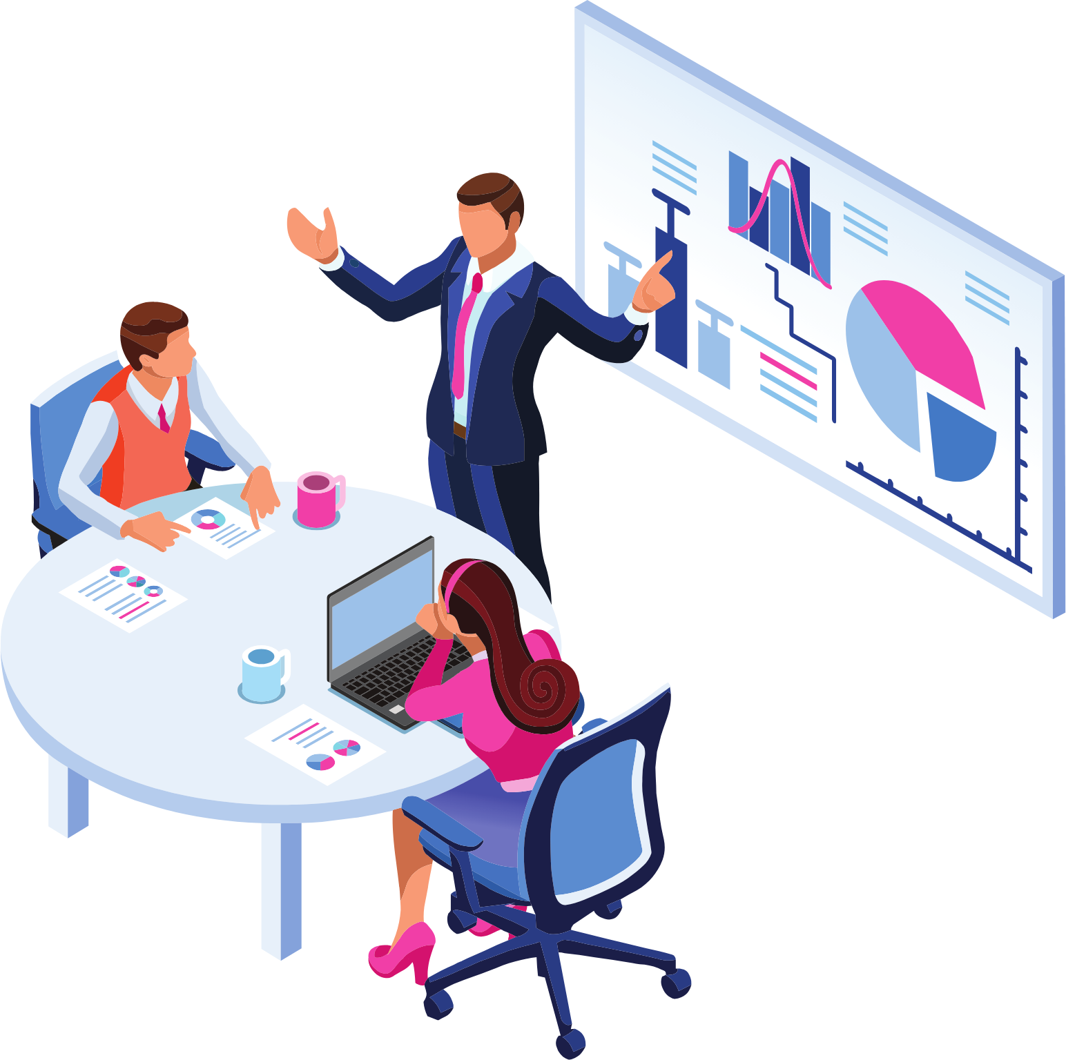 A man is giving a presentation to a group of people sitting at a table with a screen showing results on graphs