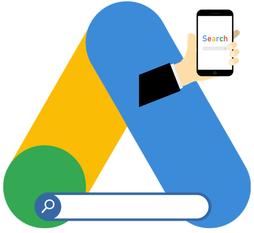 The Google Ads logo with an image of a person is holding a cell phone with the word search on it.