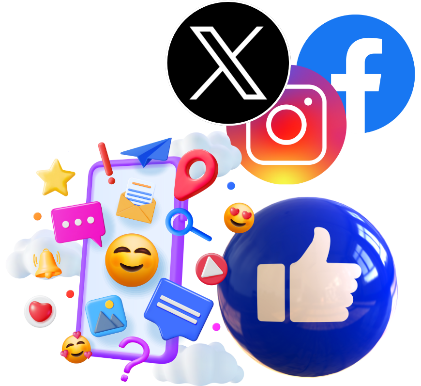 A phone is surrounded by social media icons including facebook and instagram.