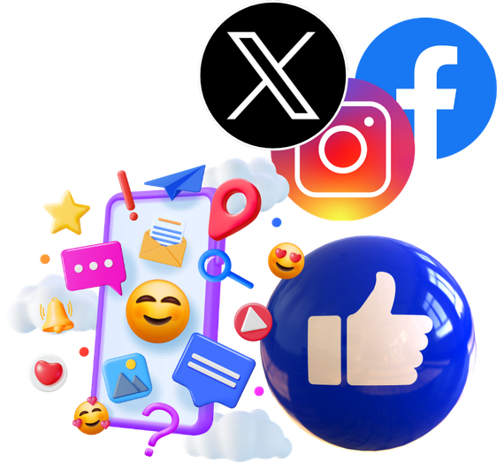 A phone is surrounded by social media icons including facebook and instagram.