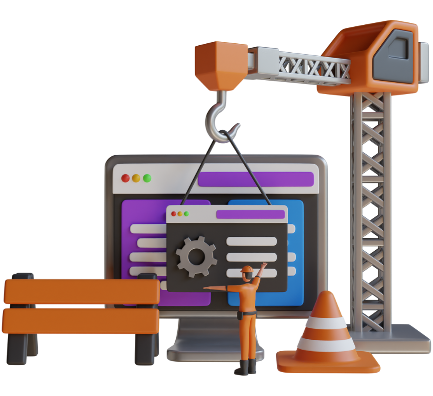 An image of a computer screen showing a website being created with a crane lifting a computer screen.