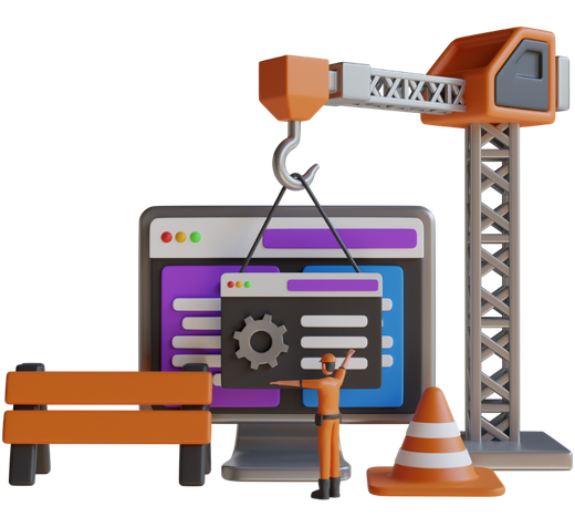An image of a computer screen showing a website being created with a crane lifting a computer screen.