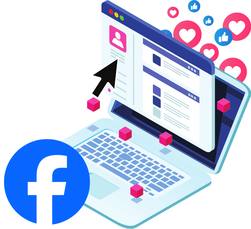An image of a laptop showing Social Media posts and the Facebook Logo.