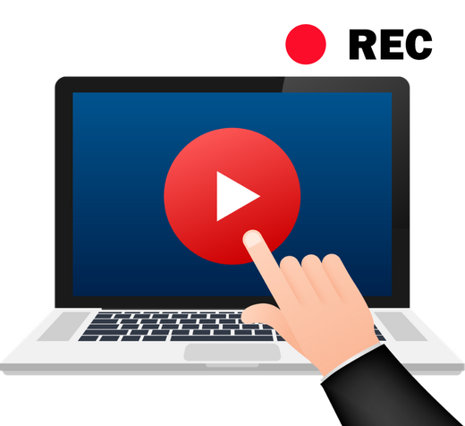 A hand is pointing at a play button on a laptop screen.