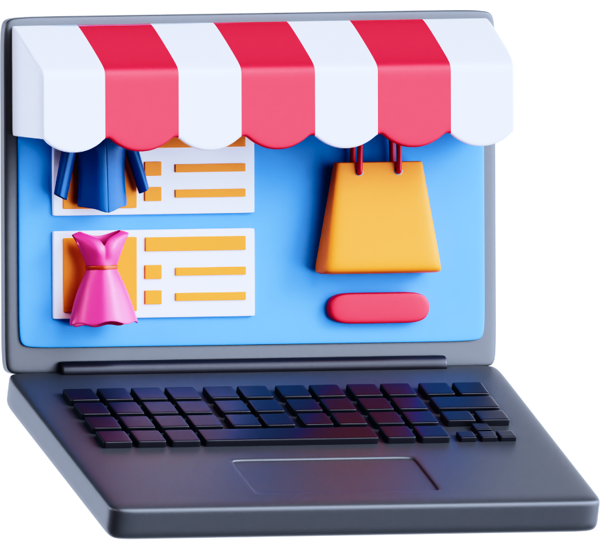 A laptop with clothes and shopping bags on the screen representing an E-Commerce store