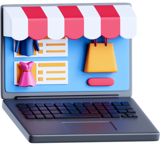 A laptop with clothes and shopping bags on the screen representing an E-Commerce store