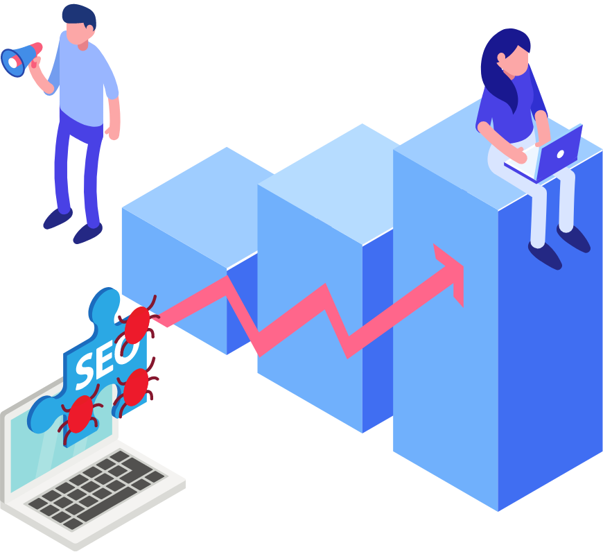A man is holding a megaphone and a woman is sitting on a bar graph and a laptop saying SEO