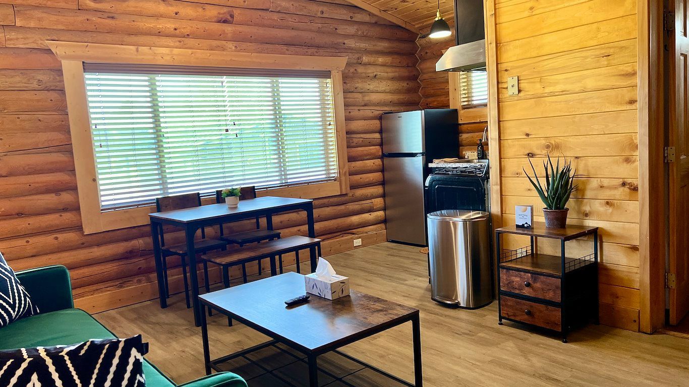 Log cabin interior with dining table, kitchen, sofa, and wooden walls.