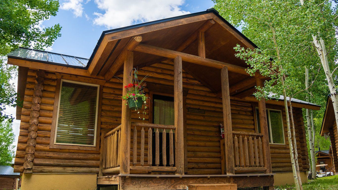 Log cabin with a porch, surrounded by trees, sunny day.