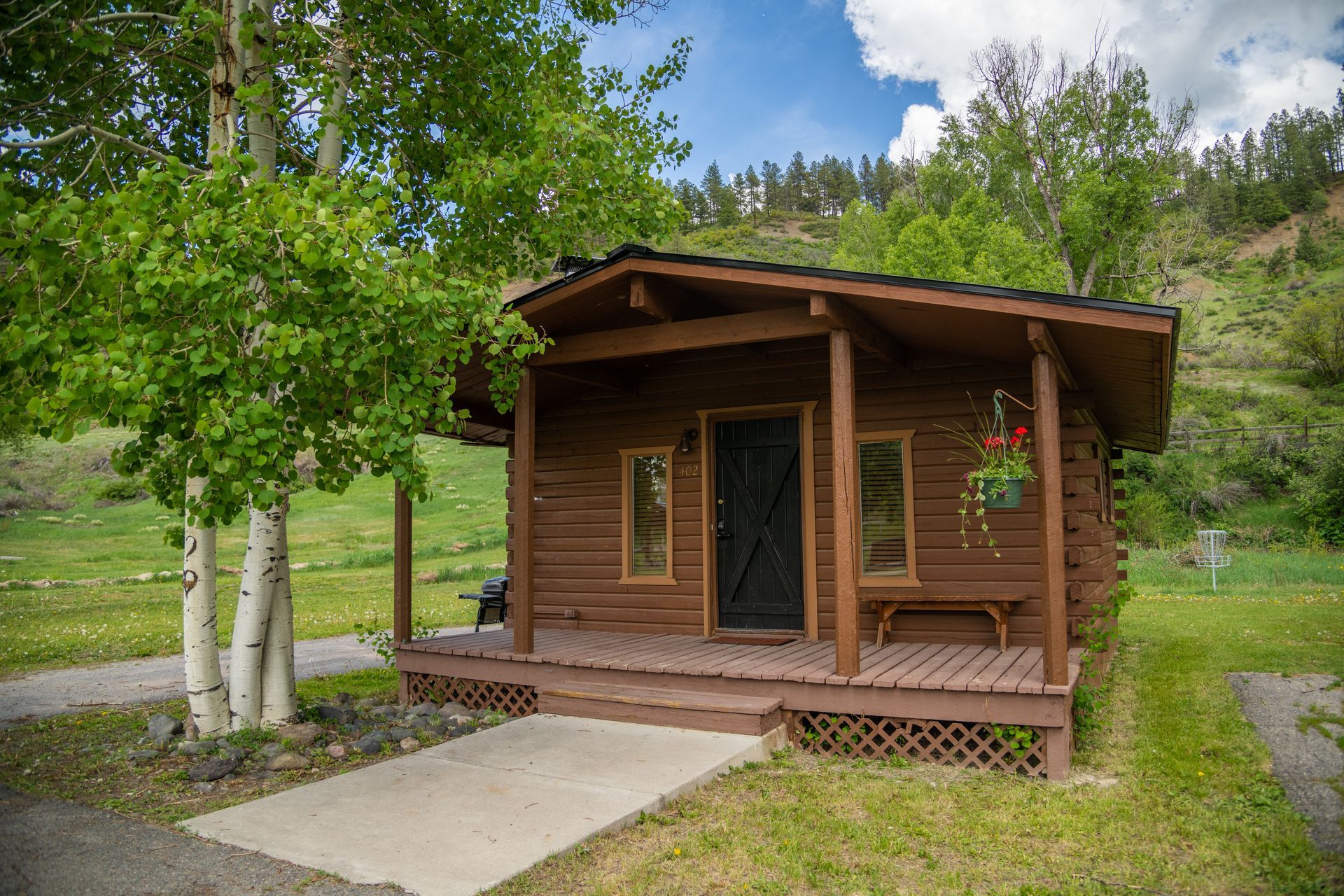 Brown log cabin with porch, surrounded by trees and grass on a hillside.