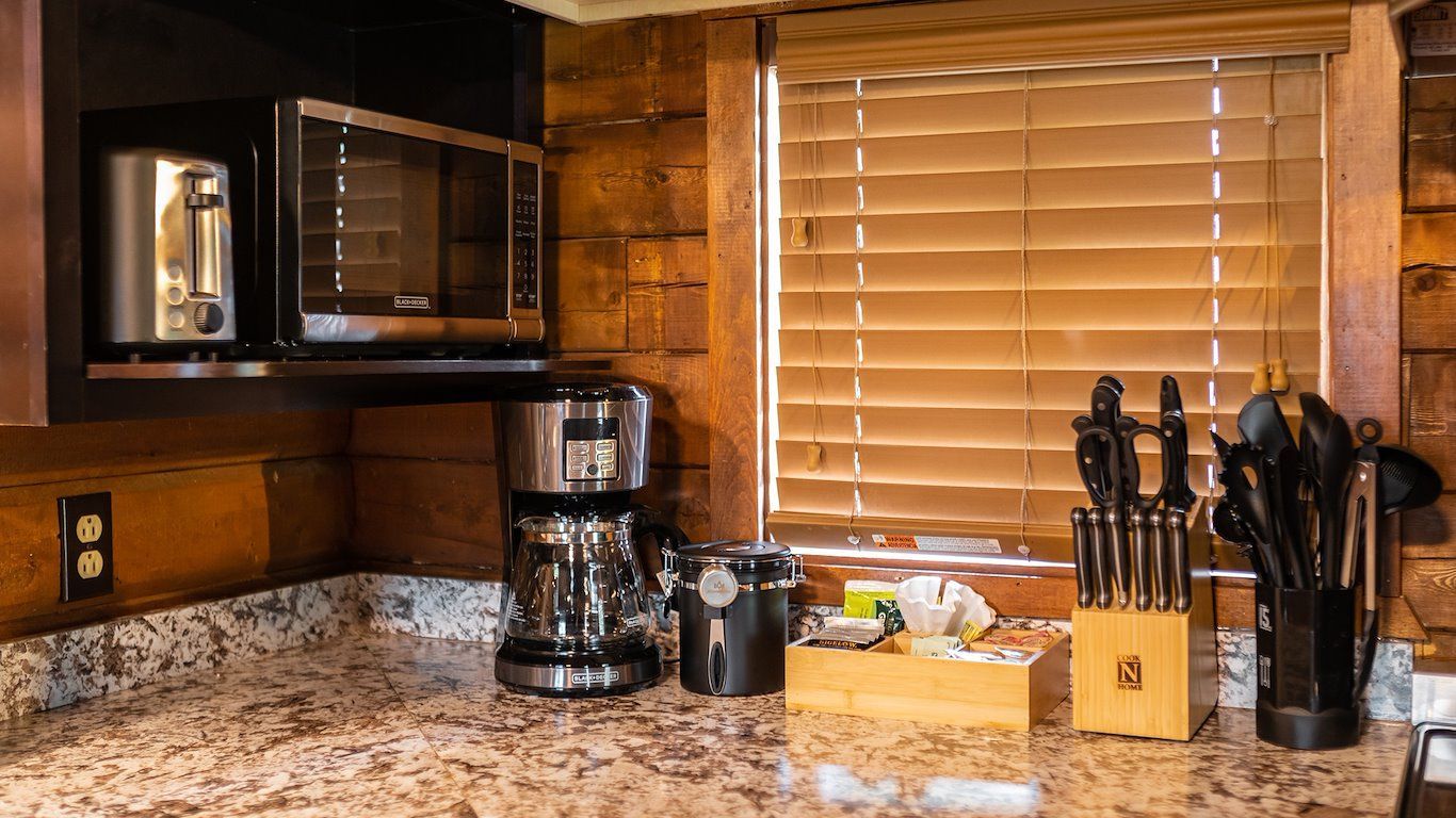 Kitchen counter with coffee maker, microwave, toaster, knife block, and window with blinds.